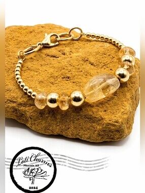 Natural Large Citrine Nugget & Gold Beads In Gold Plated Bracelet